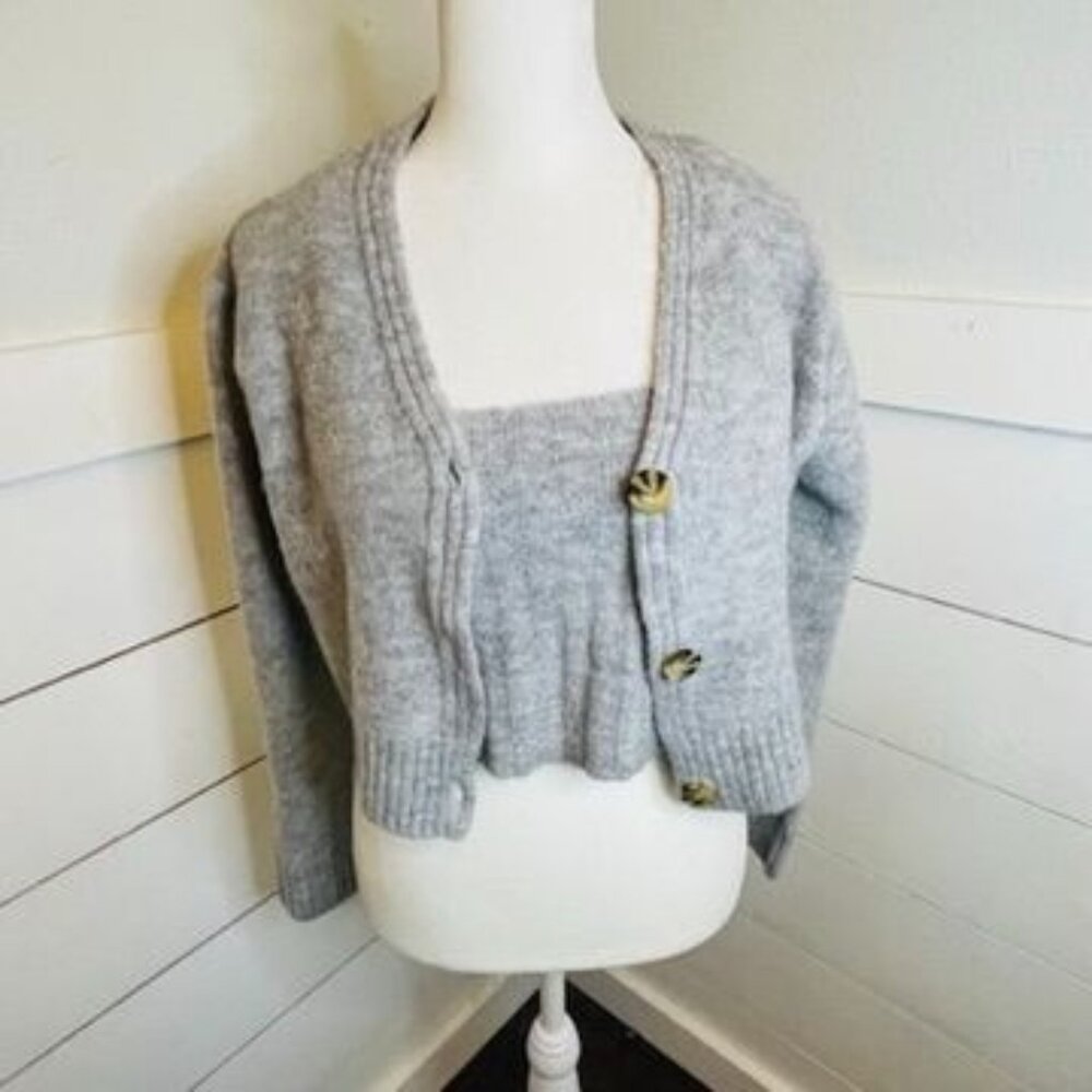 Hazel Moon Soft Gray Knitted Boho Cropped Tank & Cardigan Set Women's Size M‎